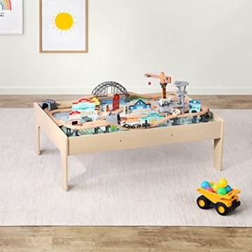 Amazon Basics 120-Piece Wooden Train Set & Table for Kids
