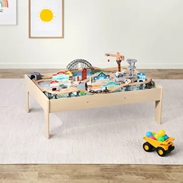 Amazon Basics 120-Piece Wooden Train Set & Table for Kids