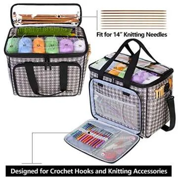 Teamoy Knitting Bag, Yarn Tote Organizer with Inner Divider (Sewn to Bottom) for Crochet Hooks, Knitting Needles(Up to 14”), Project and Supplies, Gray Dots -No Accessories Included