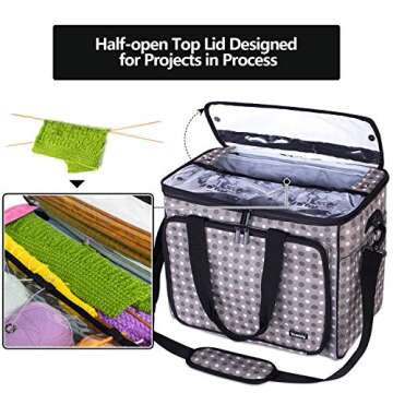 Teamoy Knitting Bag, Yarn Tote Organizer with Inner Divider (Sewn to Bottom) for Crochet Hooks, Knitting Needles(Up to 14”), Project and Supplies, Gray Dots -No Accessories Included