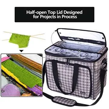 Teamoy Knitting Bag, Yarn Tote Organizer with Inner Divider (Sewn to Bottom) for Crochet Hooks, Knitting Needles(Up to 14”), Project and Supplies, Gray Dots -No Accessories Included