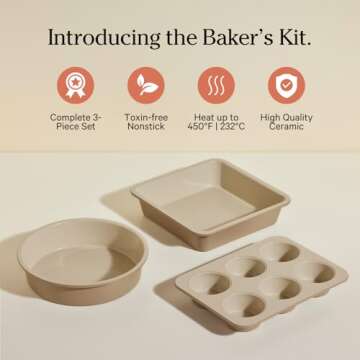 Our Place Wonder Oven Baker’s Kit – 3-Piece Toxin-Free Ceramic Nonstick Bakeware Set (8” Round, 8” Square, 6-Cup Muffin Pan) - Oven-Safe up to 450°F - Steam