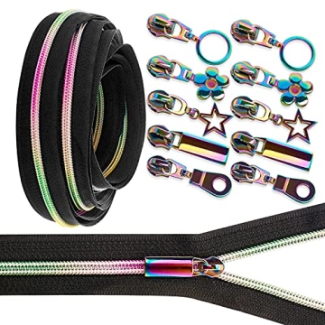 KEJUEEB #5 Rainbow Zipper Tape by The Yard 5 Yards with 10Pcs Pulls, Zippers Bulk Nylon Coil Colorfu...