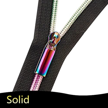 KEJUEEB #5 Rainbow Zipper Tape by The Yard 5 Yards with 10Pcs Pulls, Zippers Bulk Nylon Coil Colorful Teeth and Metal Slider Pull Tab for Sewing DIY Tailor Craft-No Stops (Black-Rainbow), (KJ-10)