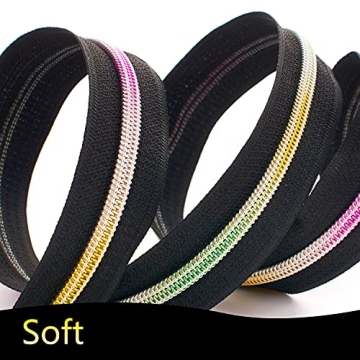 KEJUEEB #5 Rainbow Zipper Tape by The Yard 5 Yards with 10Pcs Pulls, Zippers Bulk Nylon Coil Colorful Teeth and Metal Slider Pull Tab for Sewing DIY Tailor Craft-No Stops (Black-Rainbow), (KJ-10)