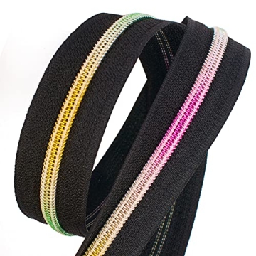 KEJUEEB #5 Rainbow Zipper Tape by The Yard 5 Yards with 10Pcs Pulls, Zippers Bulk Nylon Coil Colorful Teeth and Metal Slider Pull Tab for Sewing DIY Tailor Craft-No Stops (Black-Rainbow), (KJ-10)