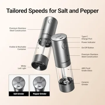 Electric Salt and Pepper Grinder Set - Rechargeable & Adjustable Coarseness