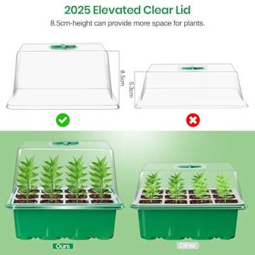 Bonviee 5 Packs Seed Starter Tray with Plant Light, Elevated Seedling Starter Trays Kits with Adjustable Humidity Domes and Clear Cell Tray, 12 Full Spectrum led lamp Beads for Plants Indoor-Green