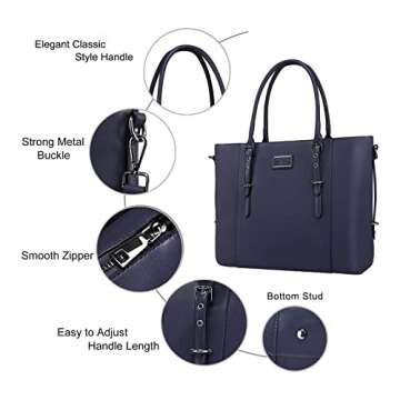 MOSISO PU Leather Laptop Tote Bag for Women (15-16 inch), Waterproof Large Capacity Business Work Briefcase Shoulder Laptop Bag, Navy Blue