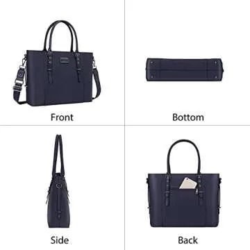 MOSISO PU Leather Laptop Tote Bag for Women (15-16 inch), Waterproof Large Capacity Business Work Briefcase Shoulder Laptop Bag, Navy Blue