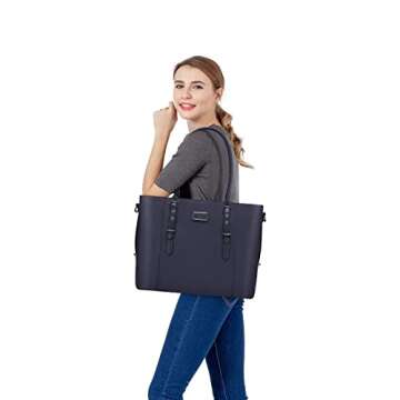 MOSISO PU Leather Laptop Tote Bag for Women (15-16 inch), Waterproof Large Capacity Business Work Briefcase Shoulder Laptop Bag, Navy Blue