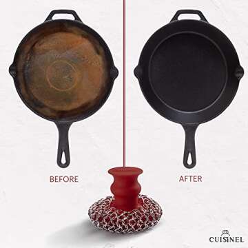 Cast Iron Chainmail Scrubber - Cleaner for Pans and Pots - Premium Stainless Steel/Silicone Scraper for Skillets - Ergonomic Food-Safe Design - Easy to Clean Dishwasher Safe Cookware Sponge Accessory