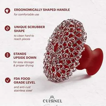 Cast Iron Chainmail Scrubber - Cleaner for Pans and Pots - Premium Stainless Steel/Silicone Scraper for Skillets - Ergonomic Food-Safe Design - Easy to Clean Dishwasher Safe Cookware Sponge Accessory