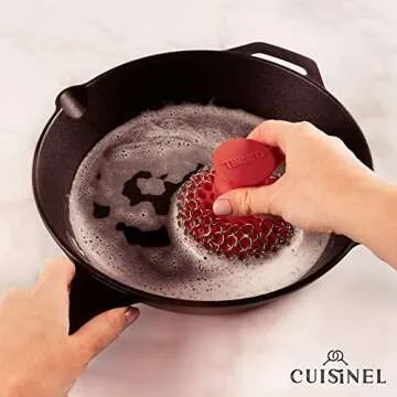 Cast Iron Chainmail Scrubber - Cleaner for Pans and Pots - Premium Stainless Steel/Silicone Scraper for Skillets - Ergonomic Food-Safe Design - Easy to Clean Dishwasher Safe Cookware Sponge Accessory