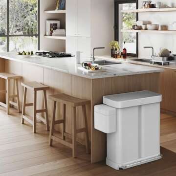 simplehuman Large Kitchen Double Trash Can with Lid, Touchless, Recycle Bin + Waste Basket, 58 Liter / 15.3 Gallon, White Stainless Steel