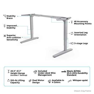 UPLIFT Desk V2-Commercial 2-Leg Height Adjustable Standing Desk (Industrial) Frame Only - Advanced Memory Keypad, Wire Management Tray, Bamboo Rocker-X Board