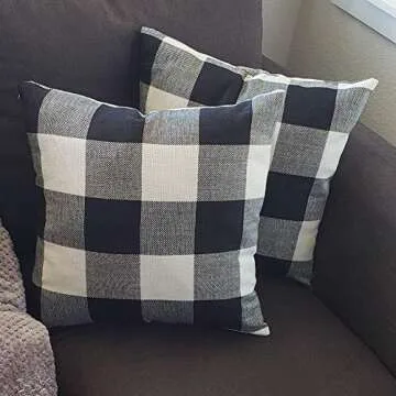 Burlap Farmhouse Decor Buffalo Checkers Plaid Cotton Linen Decorative Throw Pillow Cover Rustic Cushion Cover Pillowcase for Sofa 18 x 18 Inch, Set of 2 (Black/White, 18"×18")