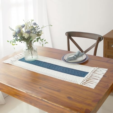 FEXIA 36" Boho Table Runner - Rustic Cream & Blue Macrame Decor