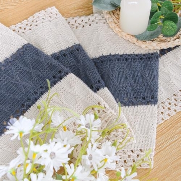 Boho Macrame Table Runner - 36" Cream & Blue