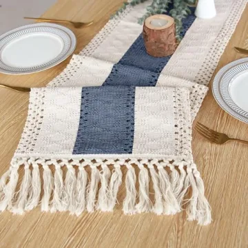 Boho Macrame Table Runner - 36" Cream & Blue