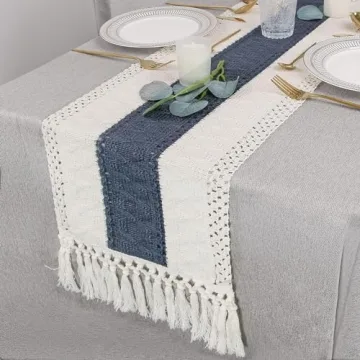 Boho Macrame Table Runner - 36" Cream & Blue