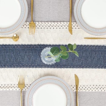 Boho Macrame Table Runner - 36" Cream & Blue
