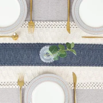 Boho Macrame Table Runner - 36" Cream & Blue