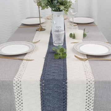 Boho Macrame Table Runner - 36" Cream & Blue