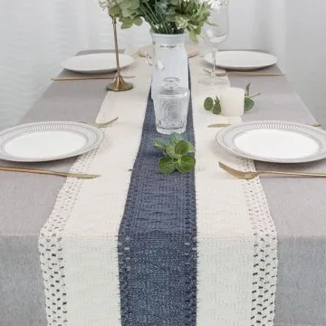 Boho Macrame Table Runner - 36" Cream & Blue
