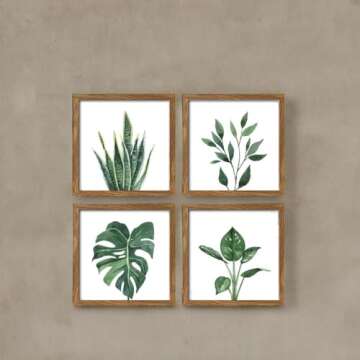 ArtbyHannah Framed Bathroom Wall Art Set of 4 for Botanical Wall Decor Green Plant Picture Frame Collage Set for Home Living Room Decoration (Walnut, 10x10)
