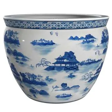 Red Lantern 14" Blue & White Porcelain Fishbowl Planter