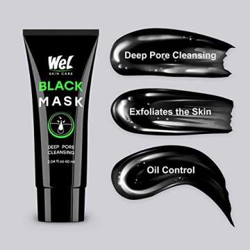 WEL Black Peel Off Face Mask - Charcoal Face Masks - Blackhead Remover Mask with Brush - Facial Mask - Deep Pores Cleansing, SkinCare