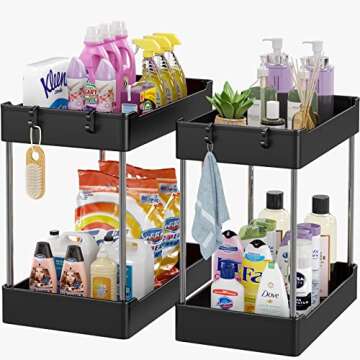 Tailide Under Sink Organizers and Storage (2 Pack), 2 Tier Bathroom Organizer Under Sink, Black Under Kitchen Sink Organizers and Storage, Cleaning Supplies Organizer, Counter Under Cabinet Storage