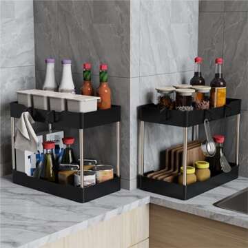 Tailide Under Sink Organizers and Storage (2 Pack), 2 Tier Bathroom Organizer Under Sink, Black Under Kitchen Sink Organizers and Storage, Cleaning Supplies Organizer, Counter Under Cabinet Storage