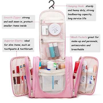Premium Large Hanging Travel Toiletry Bag for Men and Women | Makeup Bag | Cosmetic Bag | Bathroom and Shower Organizer Kit | Leak Proof | TSA Friendly | Family, Gym, Camping, Business Trip etc.(Pink)