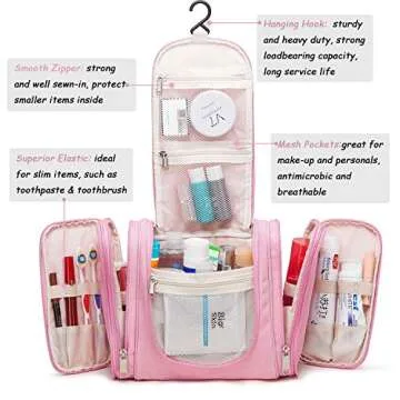 Premium Large Hanging Travel Toiletry Bag for Men and Women | Makeup Bag | Cosmetic Bag | Bathroom and Shower Organizer Kit | Leak Proof | TSA Friendly | Family, Gym, Camping, Business Trip etc.(Pink)
