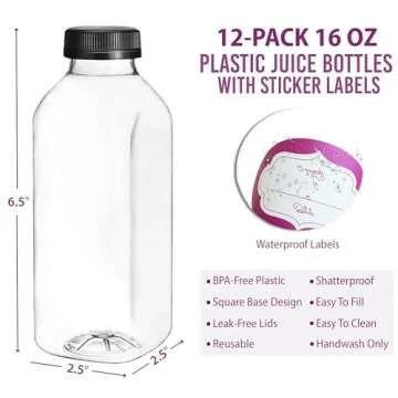 DilaBee 16 Oz Empty Plastic Juice Bottles with Lids - 12 Pack Small Square Drink Containers - Great ...