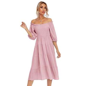 R.Vivimos Women's Summer Cotton Lantern Sleeves Ruffled Off Shoulder A-Line Midi Dresses (Small, Pink)