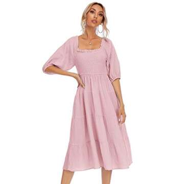 R.Vivimos Women's Summer Cotton Lantern Sleeves Ruffled Off Shoulder A-Line Midi Dresses (Small, Pink)