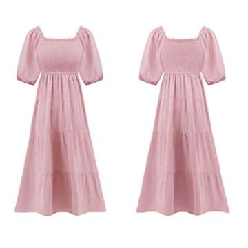 R.Vivimos Women's Summer Cotton Lantern Sleeves Ruffled Off Shoulder A-Line Midi Dresses (Small, Pink)
