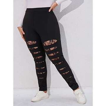 Floerns Women's Plus Size High Waist Ripped Leggings Yoga Active Pants Black Lace 1XL