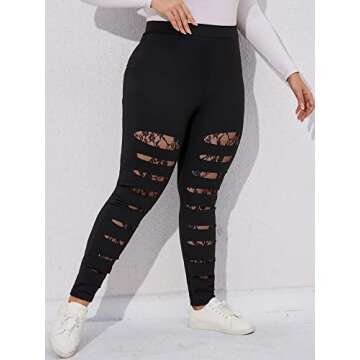 Floerns Women's Plus Size High Waist Ripped Leggings Yoga Active Pants Black Lace 1XL