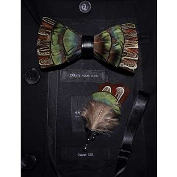 JEMYGINS Handmade Feather and Leather Pre-tied Green Bow tie and Brooch Sets for Men (24)