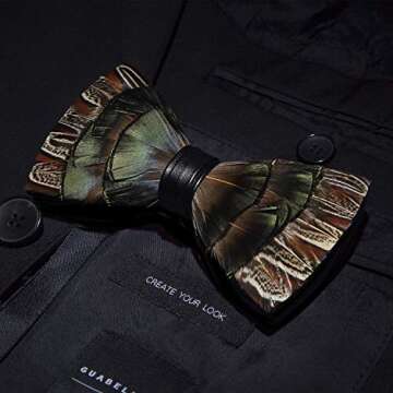 JEMYGINS Handmade Feather and Leather Pre-tied Green Bow tie and Brooch Sets for Men (24)