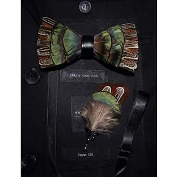 JEMYGINS Handmade Feather and Leather Pre-tied Green Bow tie and Brooch Sets for Men (24)
