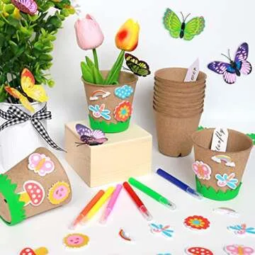 Garden Paper Pot Craft Kit 20 Pack Flower Plant Spring Craft with 50pcs Adhesive Foam Stickers 20pcs Paper Mache Pots Label Pen Flower Planting Growing Kit Science for Kids Mother Day