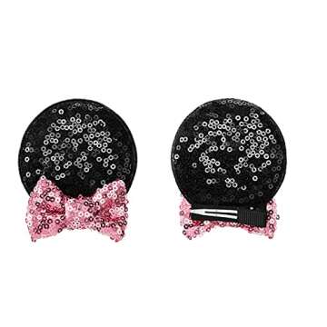 TACKMETER Kids Baby Girls Sequined Mouse Ears Clips Glitter Bow Ears Clips Halloween Hair Accessories Costume Theme Birthday Party Favor Decoration (Pink)