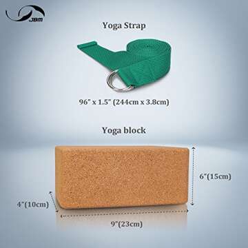 JBM Yoga Block 2 pack Plus Strap Cork Yoga Block Yoga Brick 6 colors - High Density EVA Foam Yoga Block to Support and Deepen Poses, Lightweight, Odor-Resistant and Moisture-Proof with Metal D-Ring