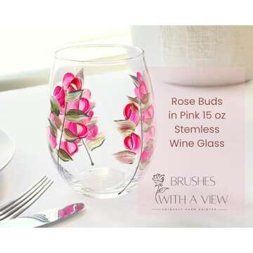 Pink Rose Bud Flower Hand Painted Stemless Wine Glass - Perfect Mother's Day Gift - Spring Summer Wi...