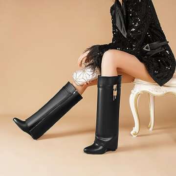 CDHYX Fold Over Boots for Women Pointy Pull-on Wedge Heel Knee Shark Boot With Side Zipper Padlock Design (Black 8.5)